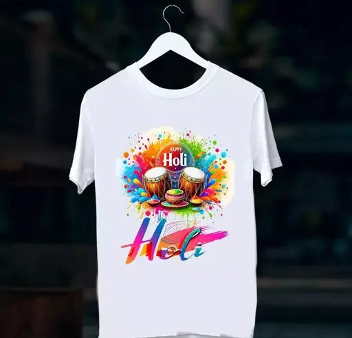 Happy Holi Printed White Polyester Good quality TShirt