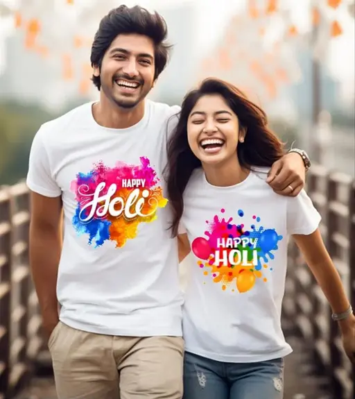 Trendy Happy Holi Printed T-Shirt (Couple)